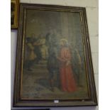 Victorian Oil on tin, in oak frame, “Jesus on trial”, 46”h x 32”w