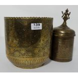 Impressed brass Jardinere and a similar pot with lid, hindu lady finial (2)