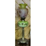 Oil Victorian Oil Lamp, green opalene painted bowl, Victorian green shade etched with purple