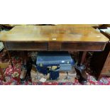 19thC Rosewood Sofa/Writing Table, with a rectangular top over 2 frieze drawers, on turned side