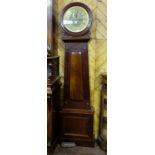 19thC Grandfather Clock, the hinged hood enclosing a circular brass dial, above a tapered case, 77”h