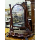 WMIV Mahogany Cheval Mirror, with turned side pillars, on front paw feet, 42”h x 3ftw, polished.