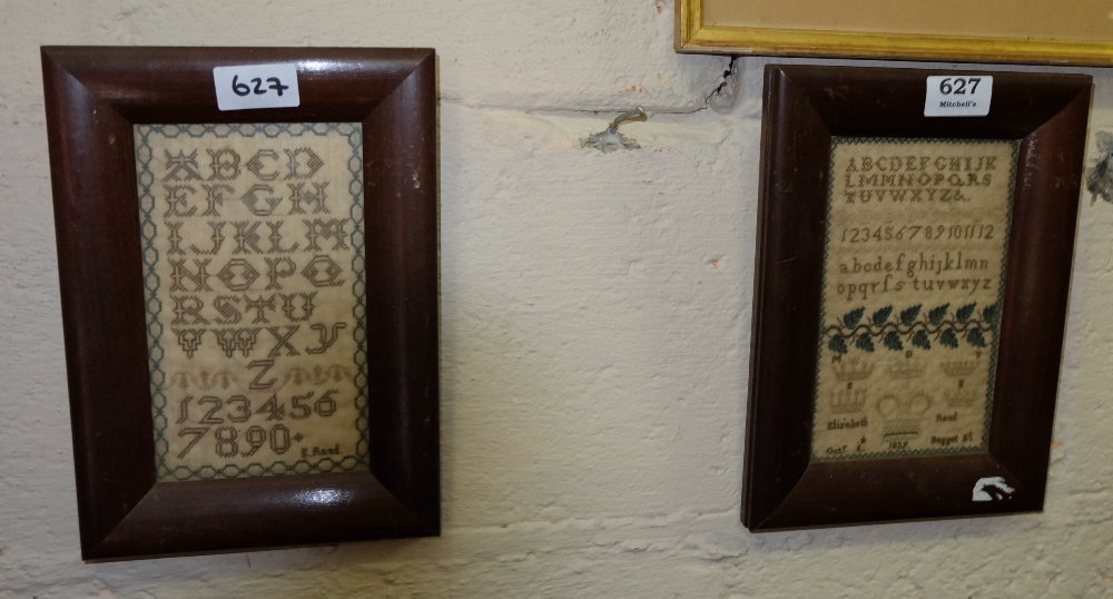 Pair of Georgian needlepoint samplers, signed Elizabeth Read 1839, in mahogany frames 10.5”h x 7.5”