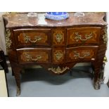 Early 20thC Kingwood Commode, the serpentine shaped red marble top over 4 inlaid and inverted