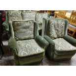3 Piece Sitting Room Suite, green velour fabric with doubled sided seat and back cushions (couch and
