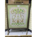 Art Nouveau Fire Screen, brass framed, with green floral panel insert, carrying handle, 30”h