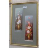 Oil on Canvas – a diptych of Roses in vases & Japanese watercolour in gilt frame – mountain