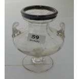 19thC Glass Urn with handles and circular Sheffield Silver Top, 6”h