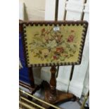 WMIV Rosewood Pole screen, on 3 branch platform base, with floral hand embroidered needlepoint