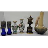 Art Deco Vase – figure of lady on natural base, 2 cloisonné vases, urn with lid & pair blue glass