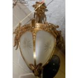 French Brass Framed Ceiling Light, Cone Shaped, with 4-panelled etched glass inserts, 28”h.