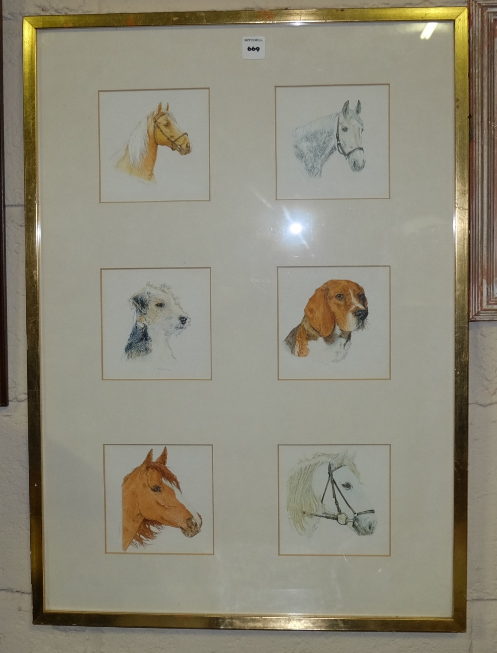 Collage of 4 horse head portraits and 2 dogs head portraits, in gilt frame, each signed Bradbury.