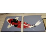 Contemporary acrylic on wool, in two parts, study of a red and black fish, signed at the back by