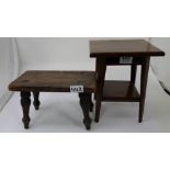 Miniature oak stool with turned legs and miniature mahogany occasional table on tapered legs.