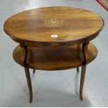 Edw. Rosewood Side Table, oval shaped, marquetry inlaid, 27.5”h x 28”w, with stretcher shelf, out-