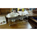 Vic. Sl Pl. Warming Stand with paraffin burners and two oval entrée dishes with lids.