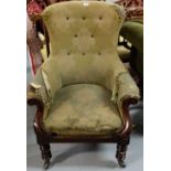 WMIV Mahogany Library Armchair, the curved back and seat covered with worn green fabric, the s-