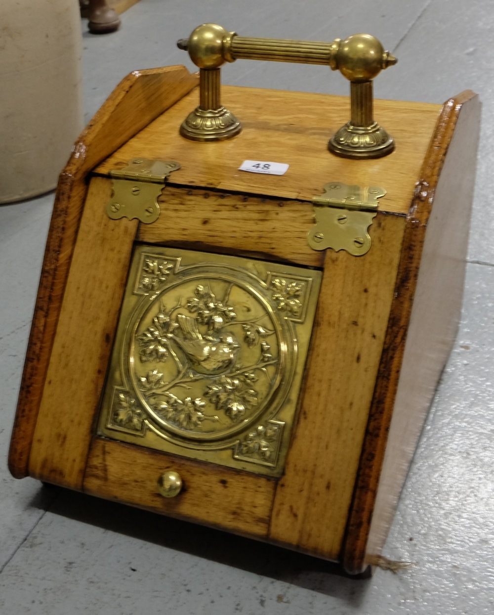 Walnut Coal Scuttle with brass carrying handle, brass bird plaque.