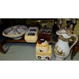 Group of items – two old telephones, cookie jar, 3 piece brown & white Ewer Set.