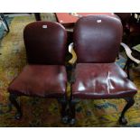 Matching Set of 6 oval back Dining Chairs, red leatherette covers, on mahogany ball and claw