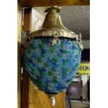 Blue and green glass cone shaped electric Ceiling Light with brass top, 20”h.