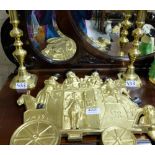 Pair Brass Candlesticks, Brass Coaching Plaque “Bambway” & two metal wall plaques – sunburst and