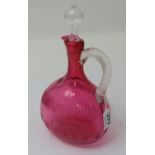 Victorian red glass Decanter with circular clear flame glass stopper, thumb pressed and ribbed