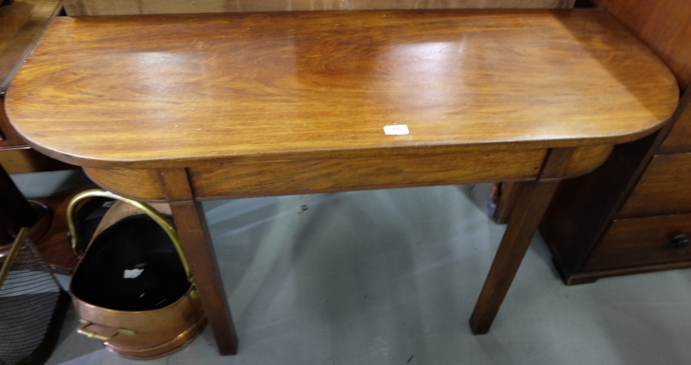 Mahogany Side table with d-shaped top, on square legs, 51”w.