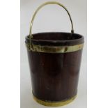 Georgian Mahogany Peat Bucket, with 2 brass bands & brass carrying handle (no base), 15”h x 14” dia