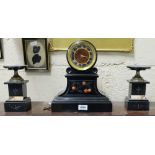 Victorian Black Marble 3 Piece Clock Set incl. a Mantle Clock with red face, brass roman numeral and