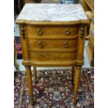 French Kingwood Side Table, the white and red marble top over 3 drawers, on turned legs, with gilt