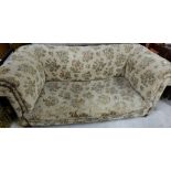 Large Victorian Roll-Top Couch, beige floral fabric, on turned feet (for restoration), 6ft wide