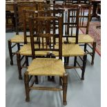 6 matching late 19thC Elm Kitchen Chairs (4 + 2), with double rail backs, rush seats.