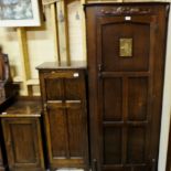 Narrow Oak Wardrobe, the single door with brass horse plaque 33”w x 73”h & Oak Shoe Cupboard with