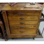 Late 19thC Oak Specimen/Cutlery Cabinet, with five drawers, metal pull handles, on trolley wheels,