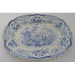 Victorian Blue & White Meat Plate, stamped “Fairy Villas”, oriental Garden Scene, 17”w