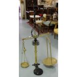 Large brass & iron shop balance scales, with brass pans, 57”h