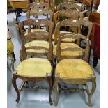 Set of 6 French provincial oak ladder back Dining Chairs, with rush seats, cabriole legs.