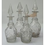 Set of 4 Cut Glass Decanters, on circular bases, thumb pressed, with 4 cone shaped stoppers, 2 x