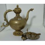 Large oriental brass teapot with fish-shaped handle & 3 brass ornaments (4)