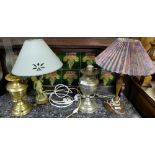 3 modern brass oil lamps (2 electric) & 2 table lamps – 1 mahogany, 1 with figure of boy (5).