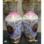 Pair of 19thC French Porcelain Vases, continuously decorated with purple & pink floral patterns,