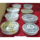 Eight 19thC ceramic paste lids, 3”dia approx. incl 6 adv – tooth paste etc