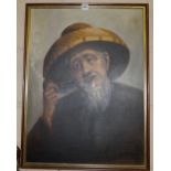 Oil on board, portrait of a Japanese man smoking a pipe, 18.5”w x 25”h, signed lower right