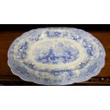 Victorian meat platter – blue and white “Sicilian”, garden scene, 36”w