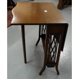 Edw. Inlaid Mahogany Sutherland Table, tapered legs, Chinese fretwork, 24.5”w x 27.5” (extended)