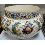 Large glazed semi-porcelain bulbous Jardinere, floral pattern, 21”dia x 14”h.