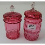 Two Victorian Red Glass Pots with Lids - 1 impressed, 1 ribbed.