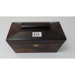 Regency flame mahogany tea caddy, with plum pudding top, enclosing 2 interior compartments, 6”h.