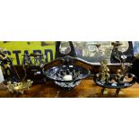 2 modern brass candelabra, 2 Egyptian table ornaments, & repro telephone & glass centre bowl etc.